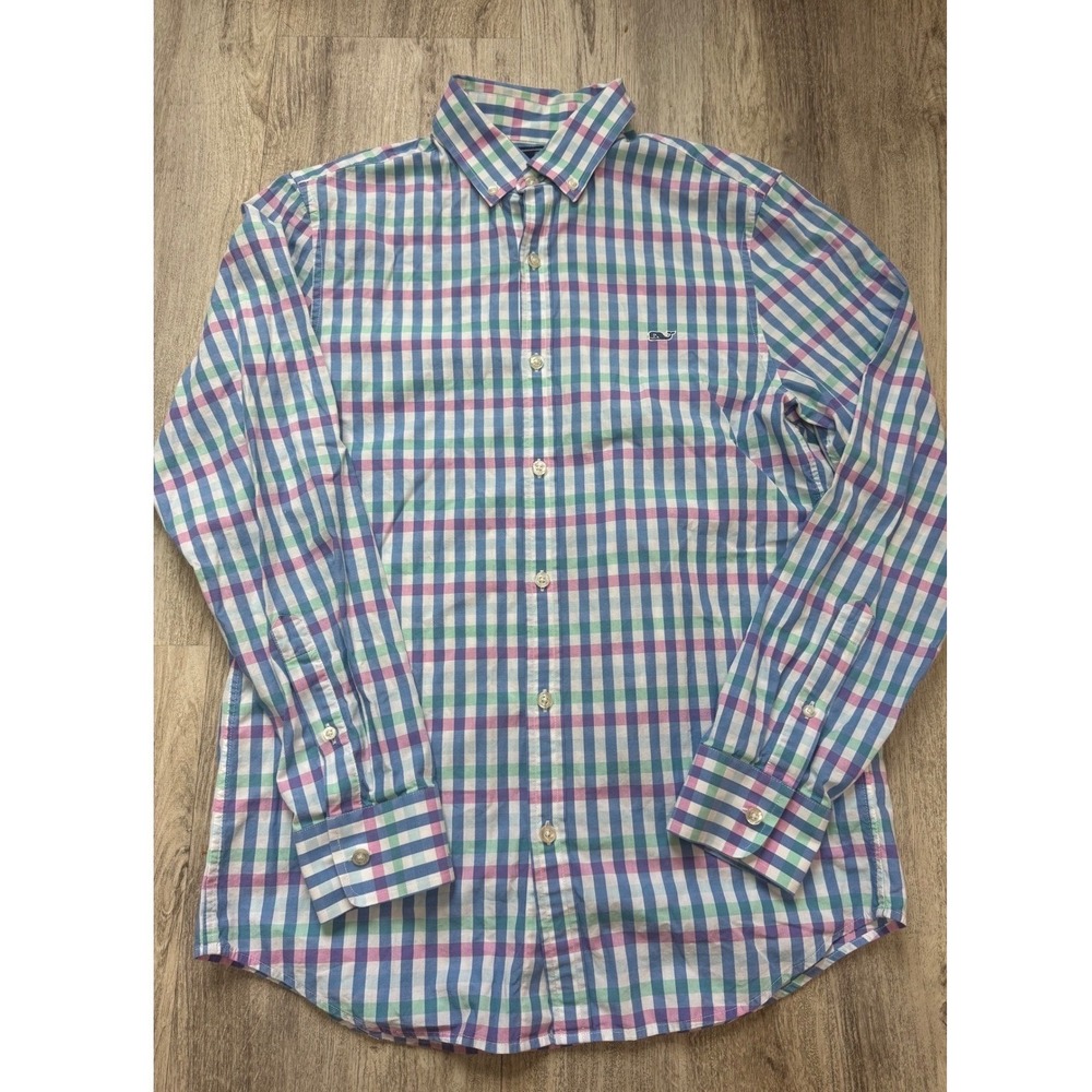 Vineyard Vines Mens Slim Fit Whale Shirt Gingham Check Blue Pink Size Small